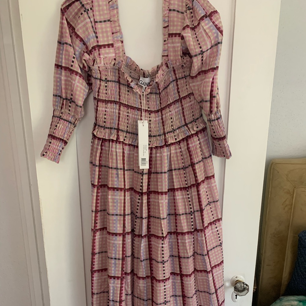GANNI Smocked Silk Maxi Dress in Moonlight Mauve